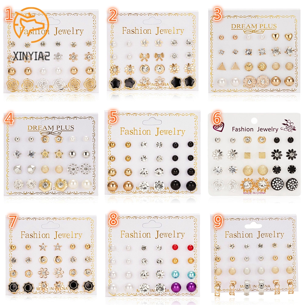 12 Pasang/Set Anting korea Tusuk Model Mutiara Intan Bentuk Bulat Gaya Korea Untuk Wanita Earrings piercing aksesoris wanita-7