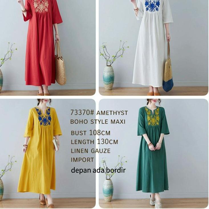 Kekinian - TM 73370 amethyst boho style maxi Three M dress gamis wanita muslim import  terlaris