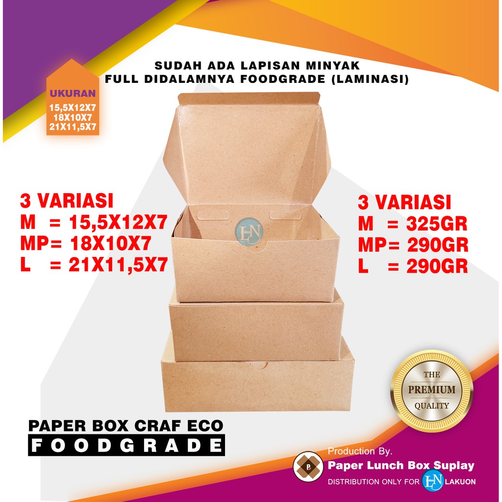 

PAPER BOX CRAFT ECO KEMASAN MAKANAN UKURAN M(325GR):15X12XCM7 L(290GR): 21X11,5X7CM MODEL SELIP