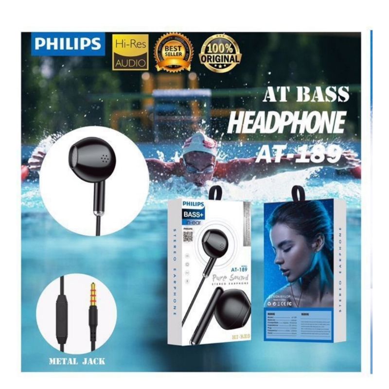 Handsfree Headset Earphone Philips AT-189 Plus Mic Stereo Suara Bagus