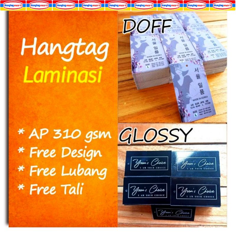 

Hang Tang Label Baju Custom Laminasi Doff Glossy Satu Dua Sisi