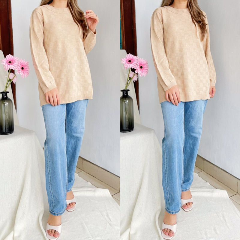 Ameli* pink &amp; mocca long sleeve soft knit top