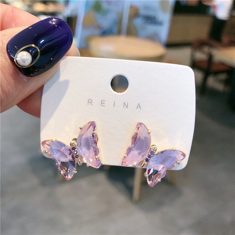 Delicate Crystal Butterfly Earrings  New Korean Ins Girl Accessories-purple