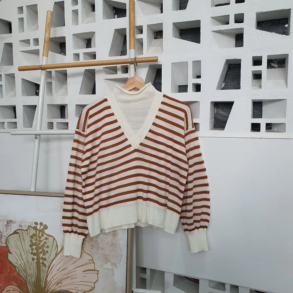 Outwear Wanita Sweater Kerah V Mix Long Neck Bahan Rajut Terbaru