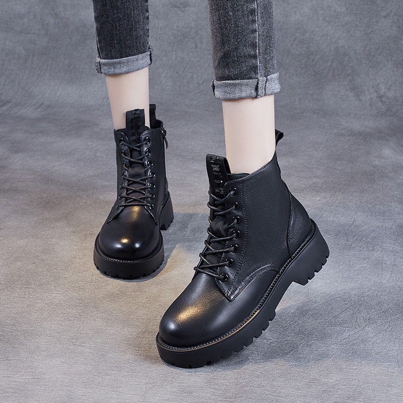 Sepatu Boot Kulit Wanita Branded Kulit Martin Boots Wanita    Sepatu Platform   Inggris Lace-Up Flat