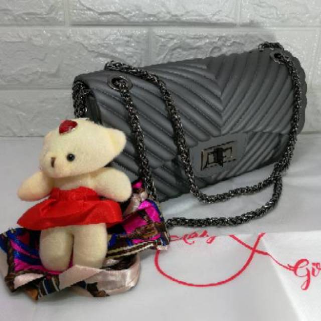 Tas jelly bag matte chevron 22 rantai hitam free syal boneka