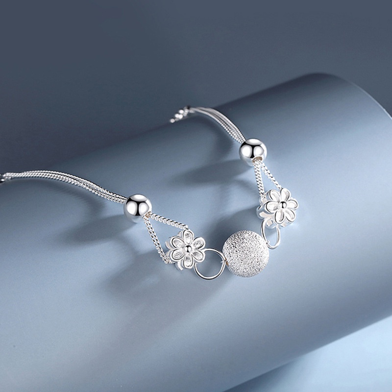 Gelang asli perak 925 untuk wanita Desain bunga, manik-manik bulat kecil buram Perhiasan fashion