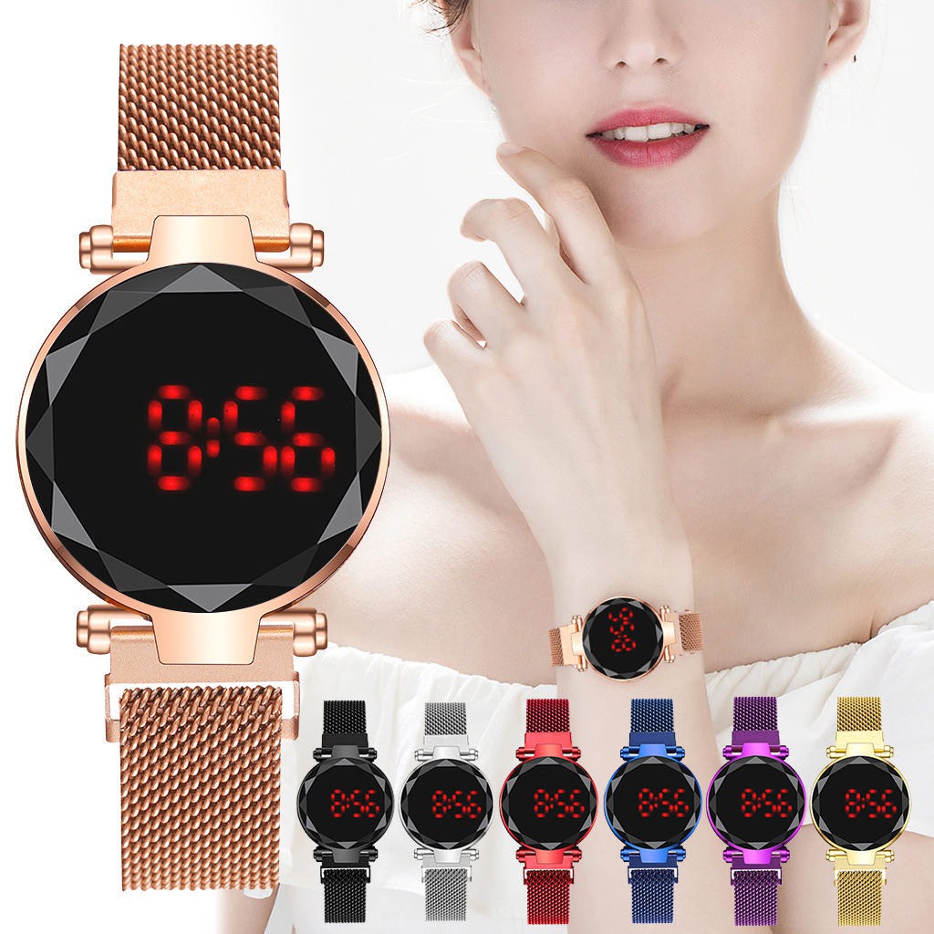 Jam Tangan Magnet LED Touch Screen Bulat Digital / Jam Tangan Wanita Korea Strap Magnet LED