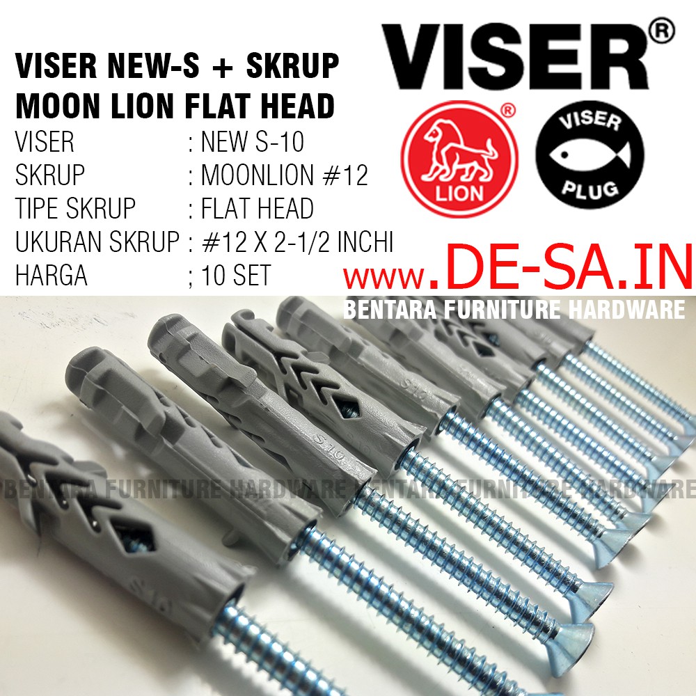 10 x Viser New-S10 + Screw Flat Head Moon Lion #12 x 2-1/2&quot; - Skrup Angkur Dinding Tembok Beton Bata