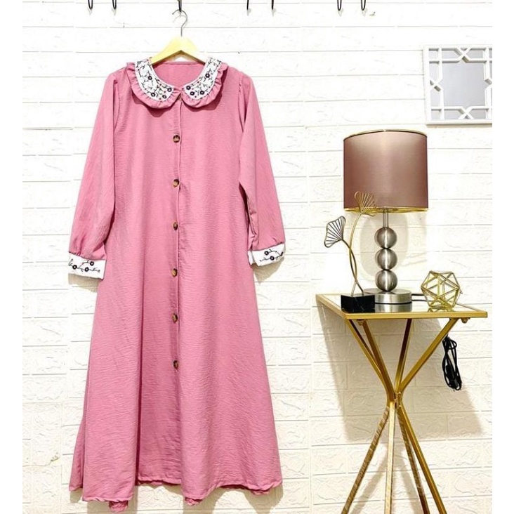 midi dress katun crinkle kerah bunga sulam