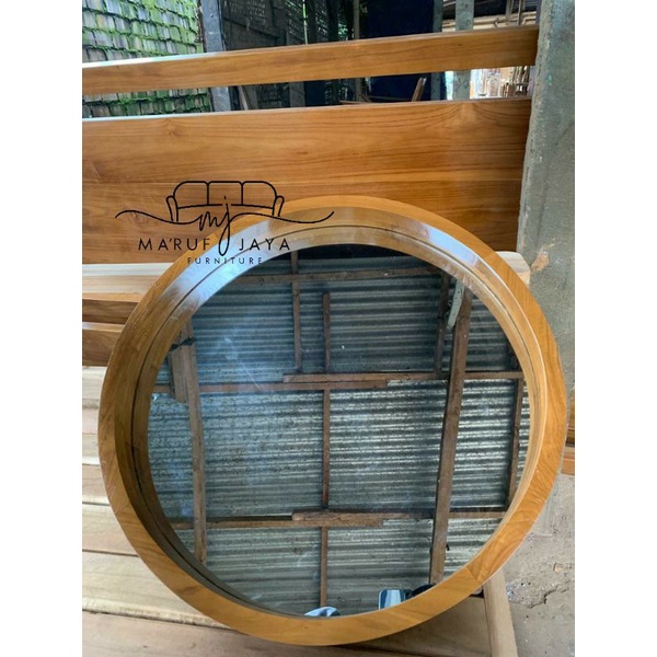 kaca cermin bundar cermin bulat kayu jati D60