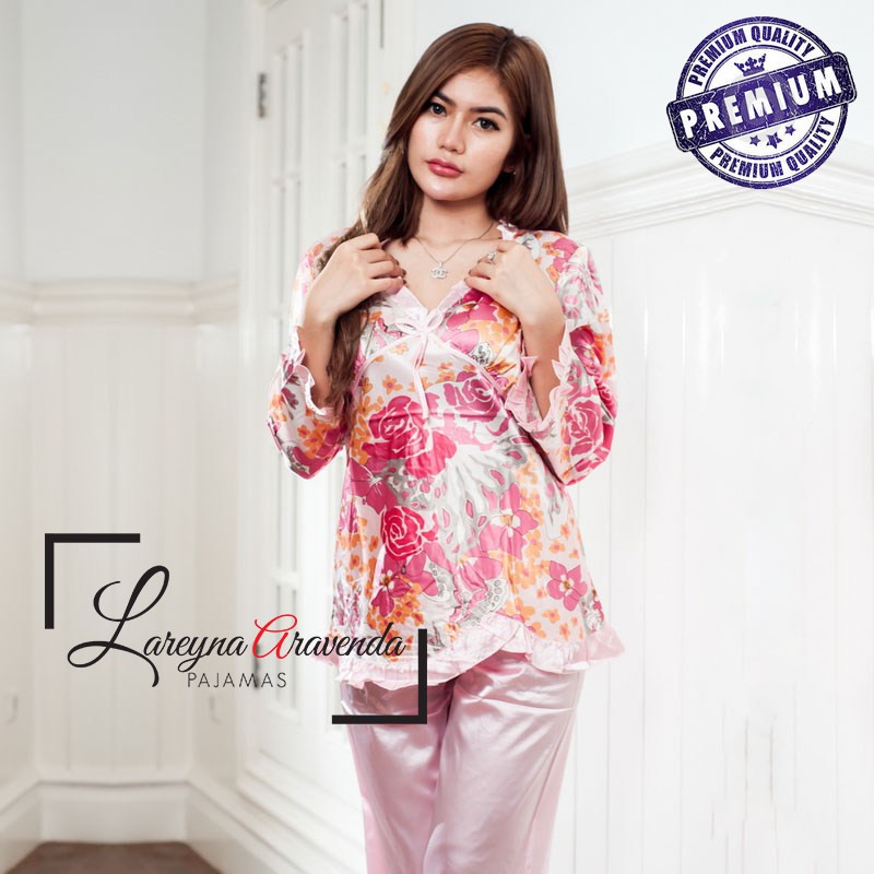 Piyama Lengan Panjang Satin Halus Model V Neck Flower PY001