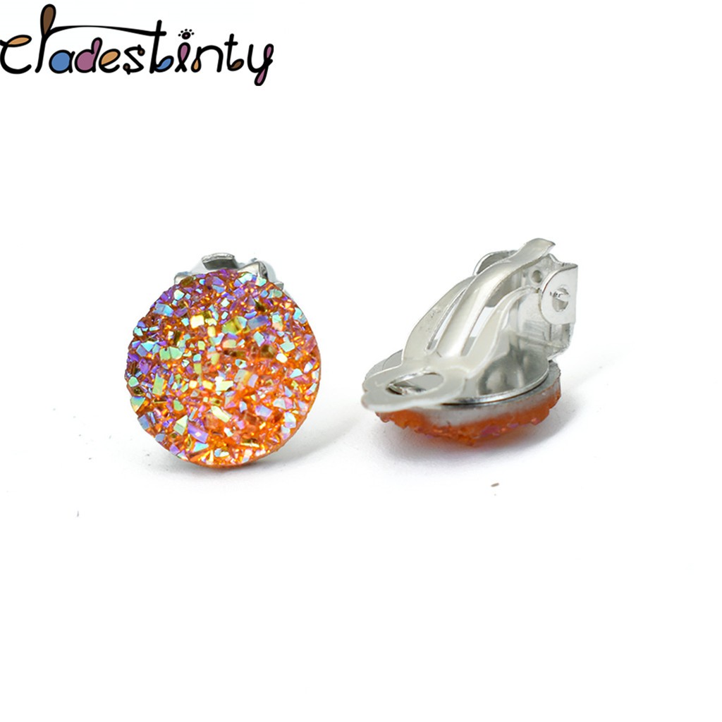 Chadestinty Anting Klip Tanpa Tindik Bentuk Bulat Bahan Resin Warna Silver / Biru / Putih Untuk Wanita