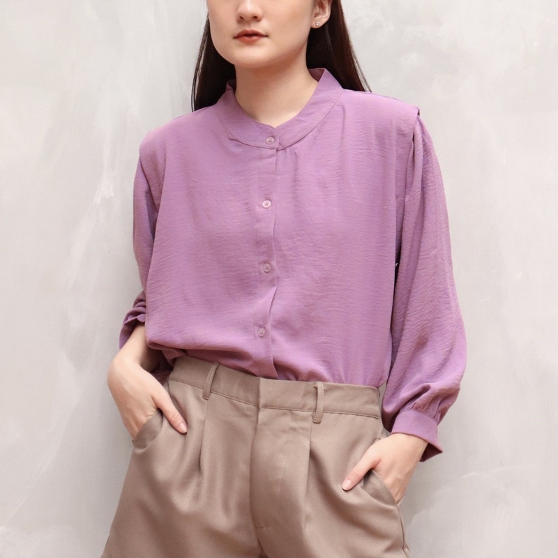 MSMO River Blouse Oneck Longsleeve / Blouse Wanita / Kemeja Kantor / Kemeja Crinkle / Kemeja Lengan Panjang-Lavender