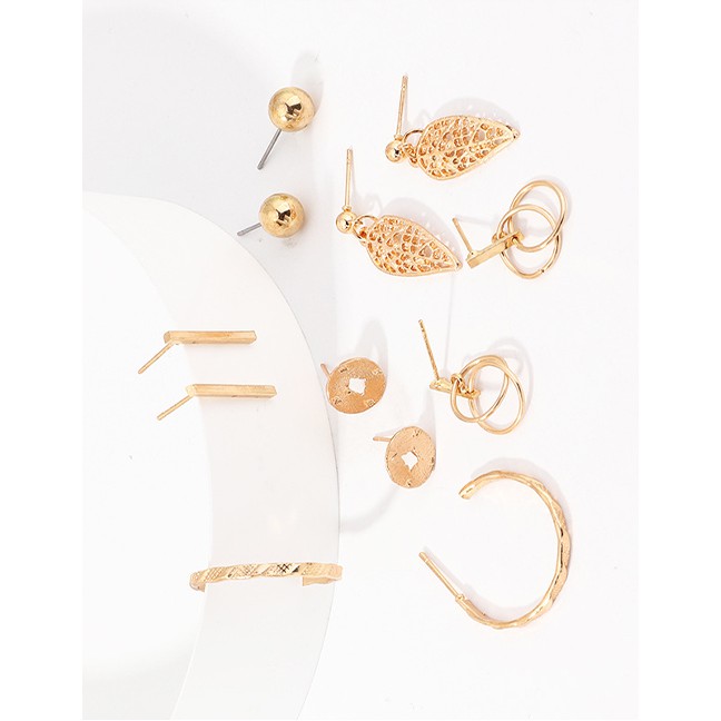 LRC Anting Tusuk Fashion Golden Geometric Alloy Ring C-shaped Leaf Earring Set D81680