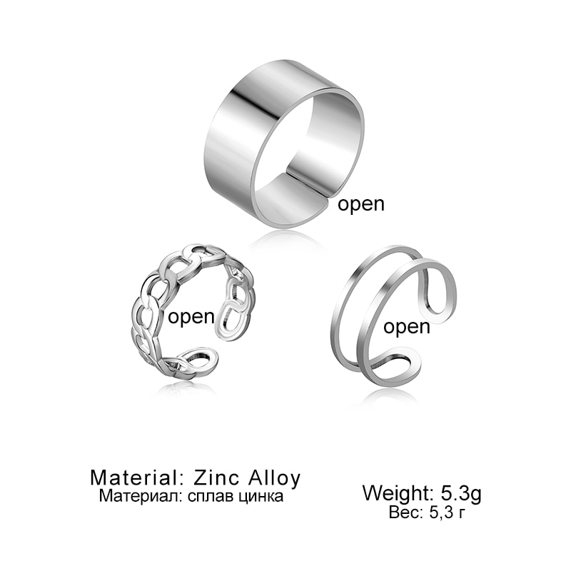 3pcs / Set Cincin Model Terbuka Bahan Metal Desain Geometri Gaya Hip Hop / Rock Untuk Pria / Wanita