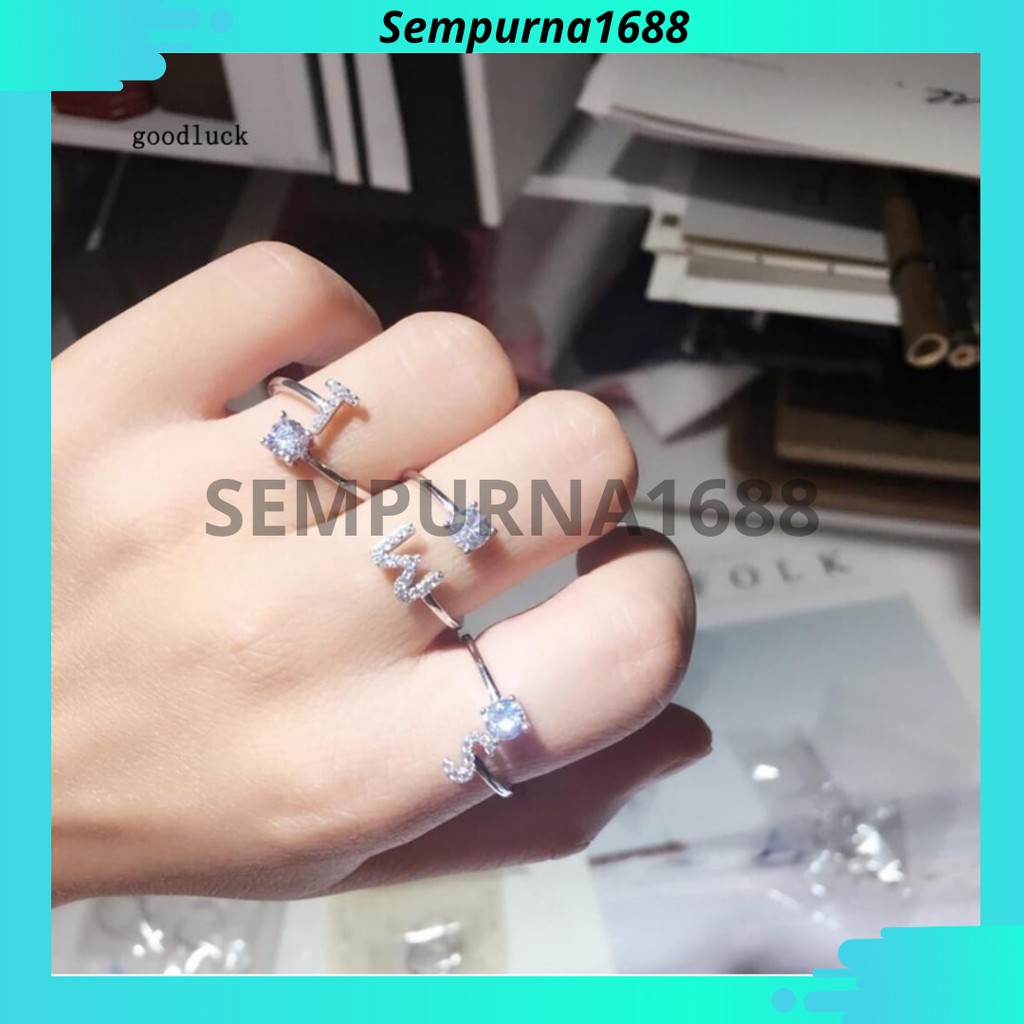 ⭐SMP⭐ Cincin Ring Motif Huruf Alfabet Inggris Silver Berlian Imitasi Import Quality