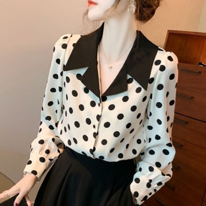 2160 Baju atasan kemeja blouse kerja kantor polkadot wanita import baju atasan blouse kemeja kerja k