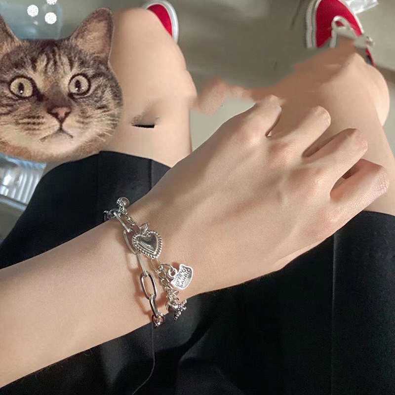 Gelang Dua Lapis Desain Kucing Dan Hati Gaya Jepang Korea