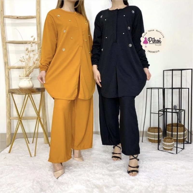 Set Polos Wanita / One Set Hitam Lengan Panjang Celana Panjang / Setelan polos wanita muslimah pearl