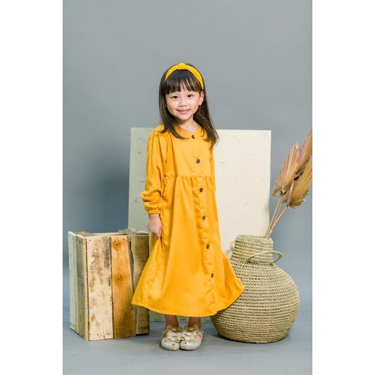 Yobebee Button Long Dress Anak Perempuan Usia 2 3 4 6 8 Tahun Baju Gamis Anak Gaun Babydoll Korea Daster Kids Basic Polos Katun Lembut Model Baju Muslim Ngaji Anak Cewek