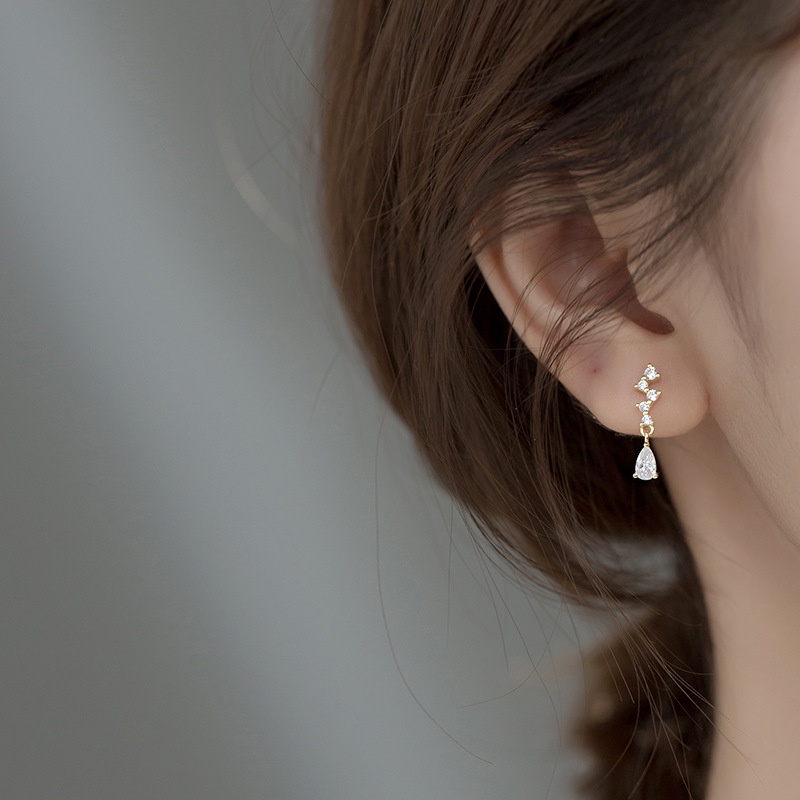 Anting Tusuk Gantung Bahan Sterling Silver 925 Hias Kristal / Berlian / Zircon Gaya Korea / Simple Untuk Wanita