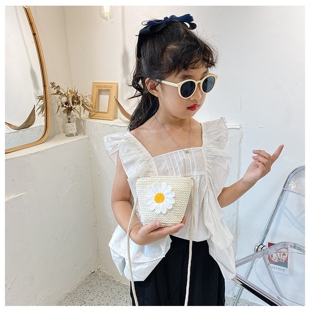 DBCOL Tas Selempang Anak Bahan Rajut Model Korea Motif Bunga Pearl/Slingbag Fashion Anak Gaya Korea