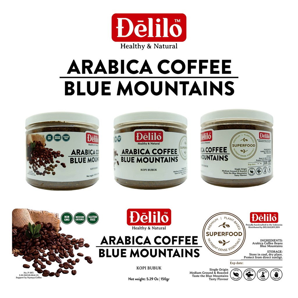 

ARABICA COFFEE BLUE MOUNTAINS Premium kopi Bubuk Arabika Blue Mountain Proses Roasting Medium 150gr