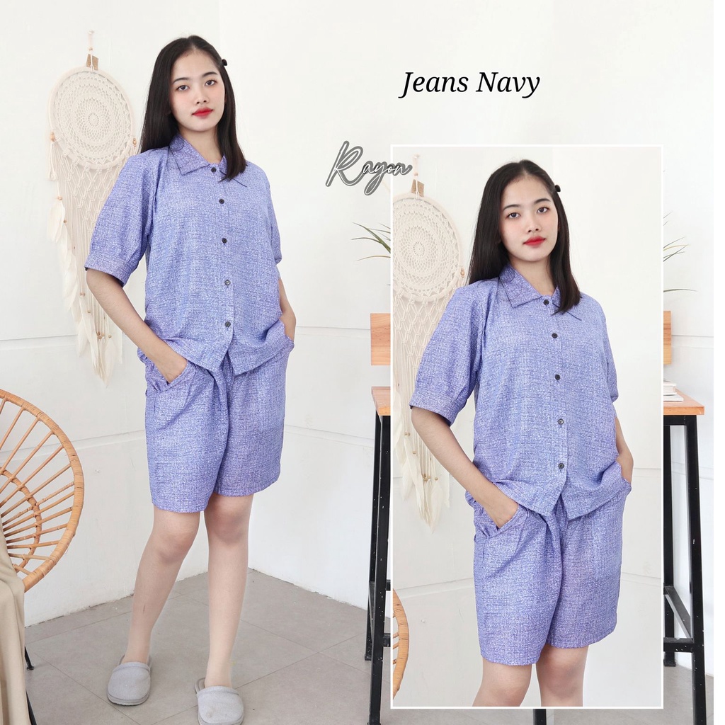 IZANY Piyama Dewasa Hotpant Lengan Balon / HP / Set Celana Pendek Dewasa banyak varian RAYON-JEANS NAVY RA