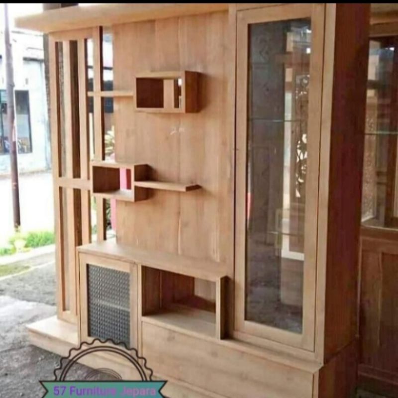Lemari partisi 2 muka kayu jati Grade A mentahan Rak penyekat ruangan simpel