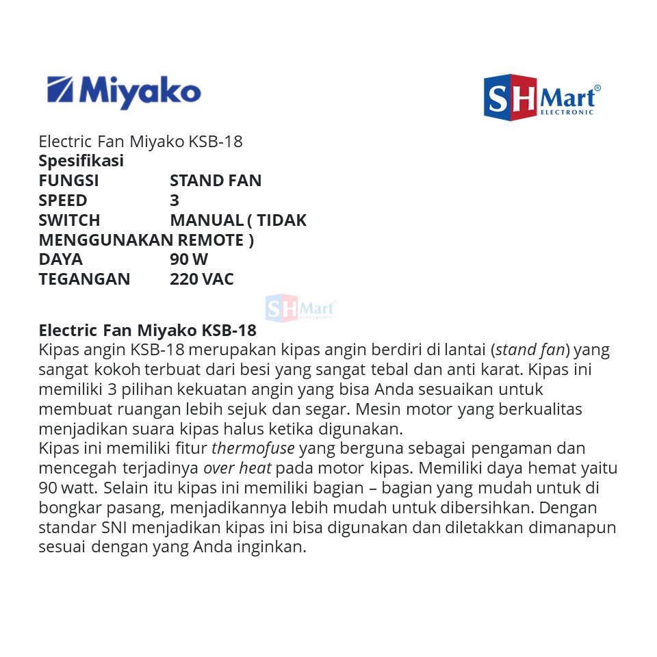 MIYAKO KIPAS ANGIN STAND FAN KSB 18 / KSB-18 / KSB18 STAINLESS STEEL 18 INCH (MEDAN)