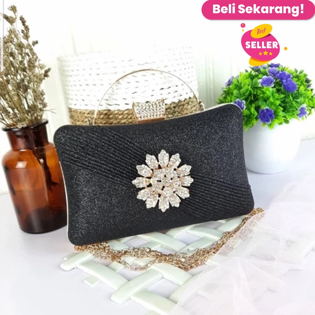 RICHY TAS CLUTCH PESTA/KONDANGAN MEWAH GLITTER PERMATA SERIES 4 WARNA - Hitam