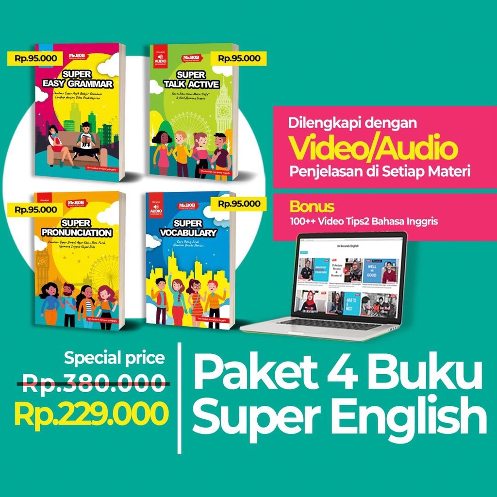 Buku bahasa inggris dari Mr. Bob kampung inggris - Panduan jago ngomong inggris (Paket 4 buku)-4 BUKU SUPER