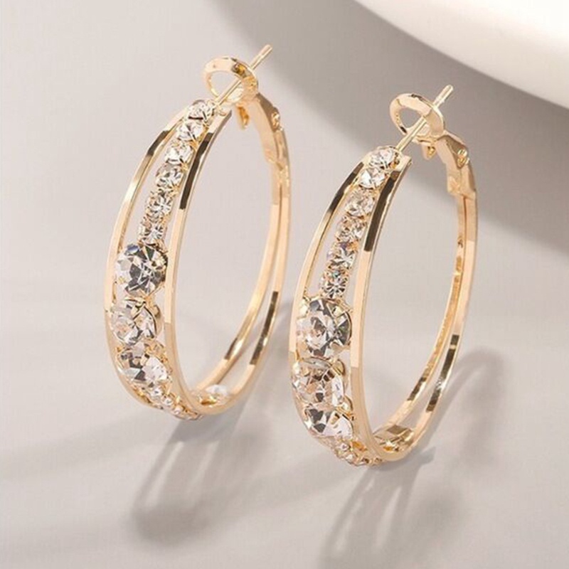 Anting Hoop Bentuk Bulat Geometris Bahan Cubic Zirconia Berlian Imitasi Warna Silver Untuk Wanita