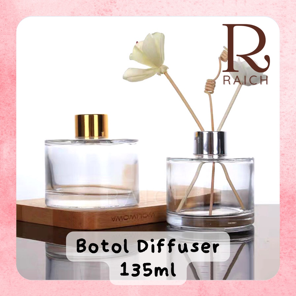 135ml Bulat Botol Reed Diffuser Transparan Clear Hitam Kaca Tebal Tutup