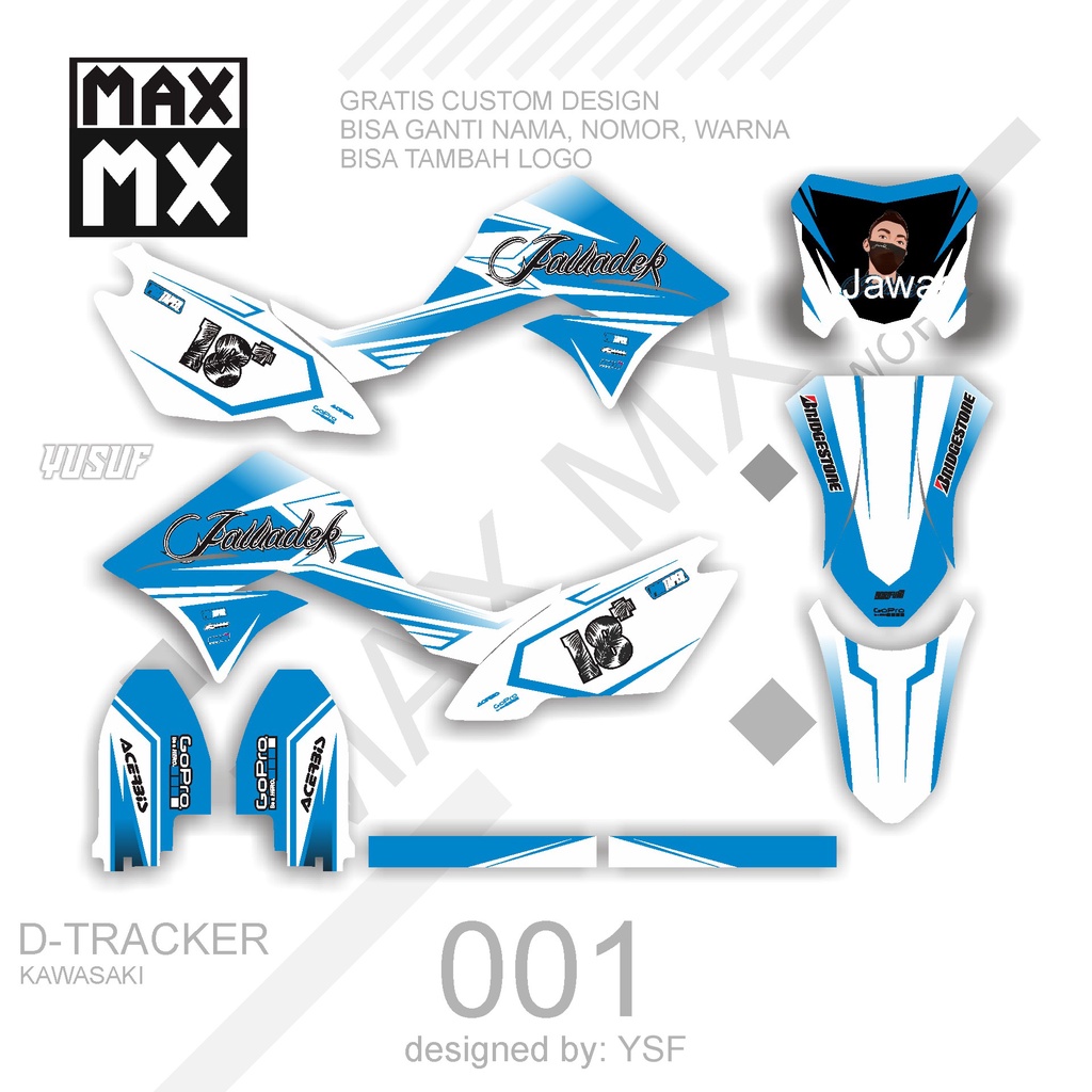 DECAL STIKER MOTOR D,TRACKER MOTIF SUPERMOTO SIMPLE PUTIH BIRU