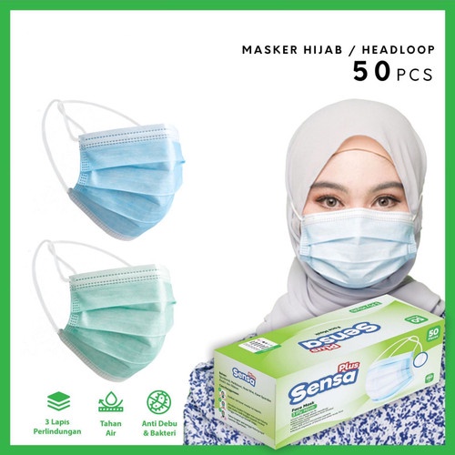 Masker Headloop / Hijab Merk [ S E N S A ] Halus Tebal dan Lembut 1 box isi 50 Pcs PREMIUM QUALITY /