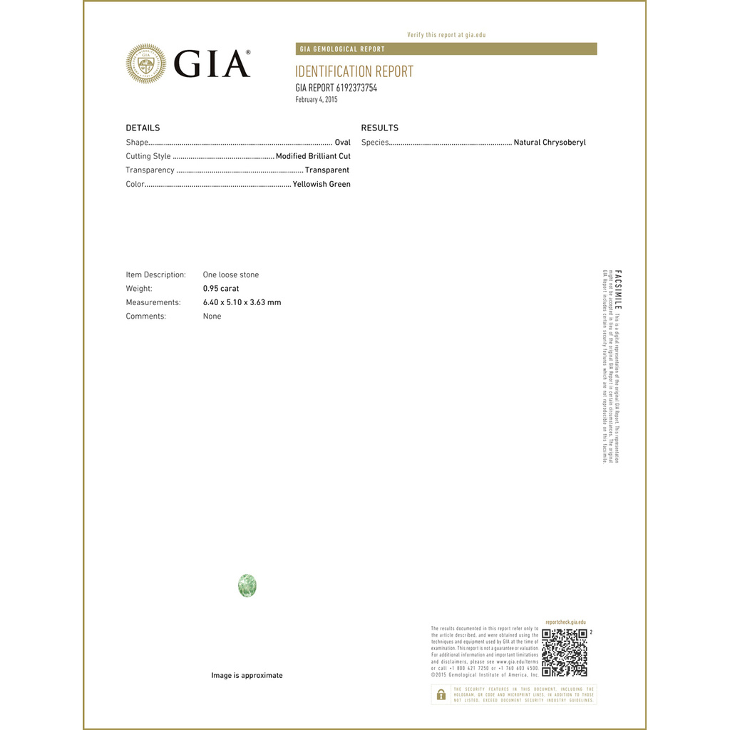 GIA Certified VVS Oval 6.4x5.1mm 0.95ct Natural Unheated Yellowish Green Chrysoberyl CB009