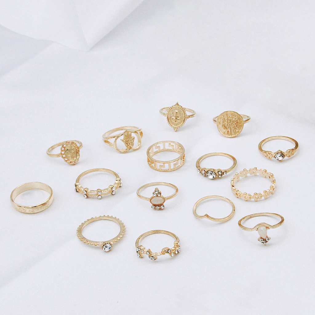 Hu Hu Hu Hu Hu Alat Bantu Pasang Kacamata♡ 15pcs Cincin Knuckle Tumpuk Desain Ukiran Hati Hollow Bahan Alloy Untuk Wanita