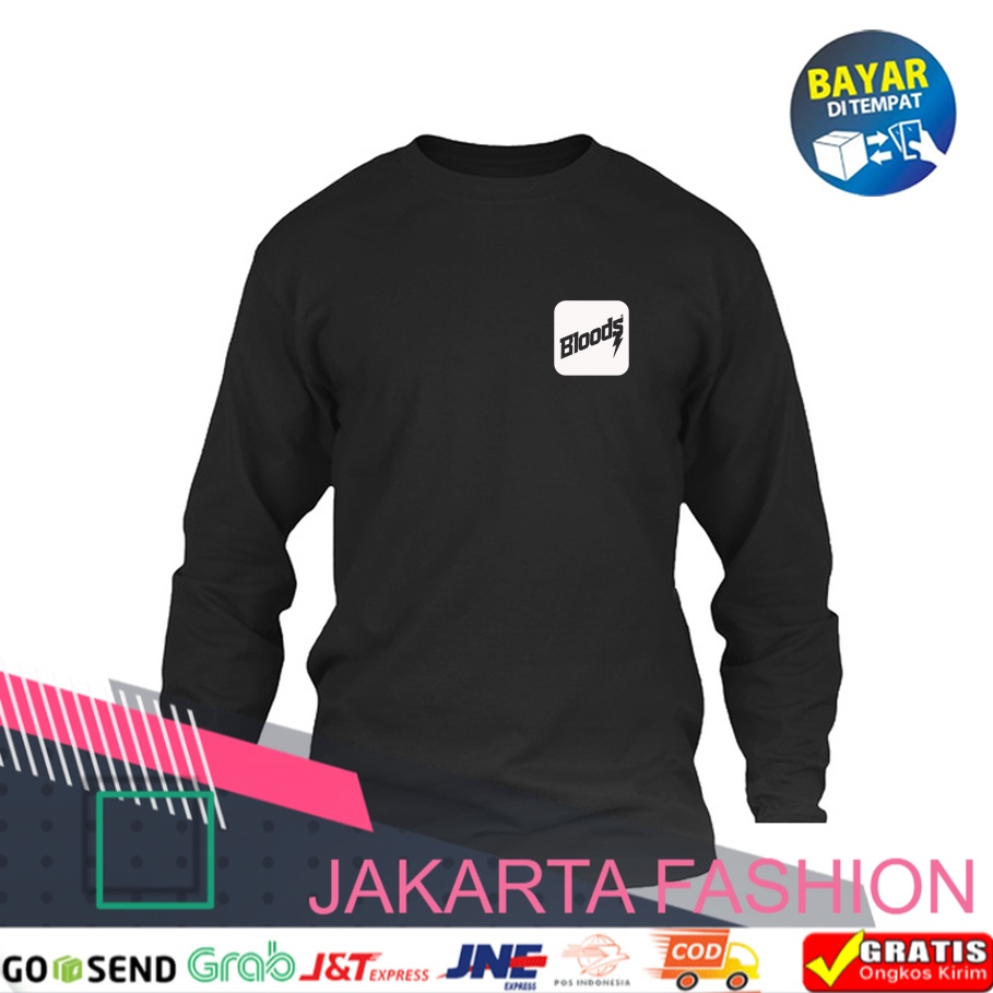 BAJU Kaos Distro Motif ''Bloods'' Logo Premium Putih T-Shir Pria Lengan Panjang BAHAN COTTON COMBED 
