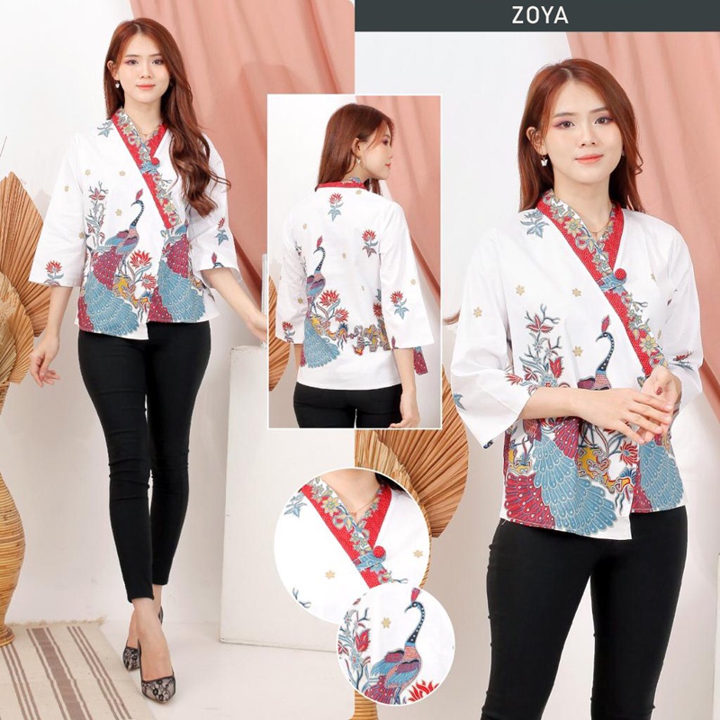 Evercloth Zoya Atasan Batik Lengan Panjang Wanita Model Kimono Blouse Batik Perempuan Baju Batik Cewek Katun Stretch Premium Batik Couple Family Set Burung Hong Merah Putih