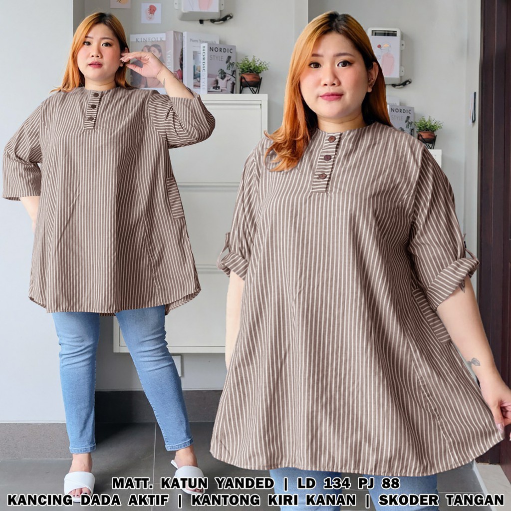 WSE390 - Blouse Kemeja Lola BIG SIZE XXXL Blus Kemeja Wanita Besar 3XL Bahan Katun Salur LD 134 CM PJ 88 CM PREMIUM QUALITY