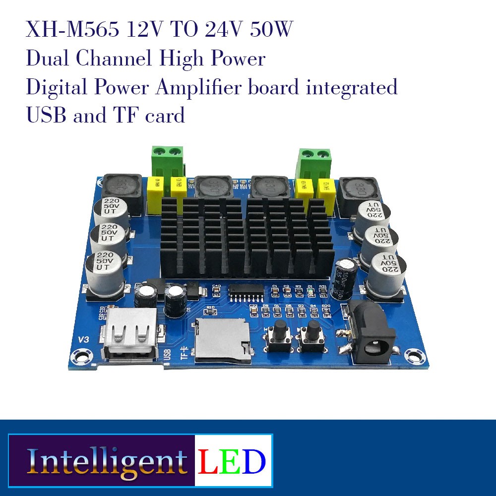 XH-M565 12V TO 24V 50W Dual Channel High Power Amplifier Int. USB and TF card