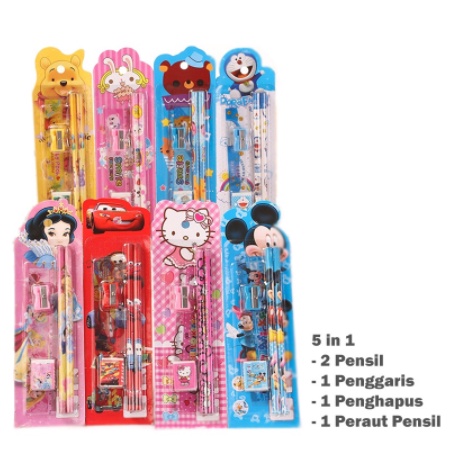 set alat tulis sekolah 5 in 1 karakter kartun lucu mini stationery