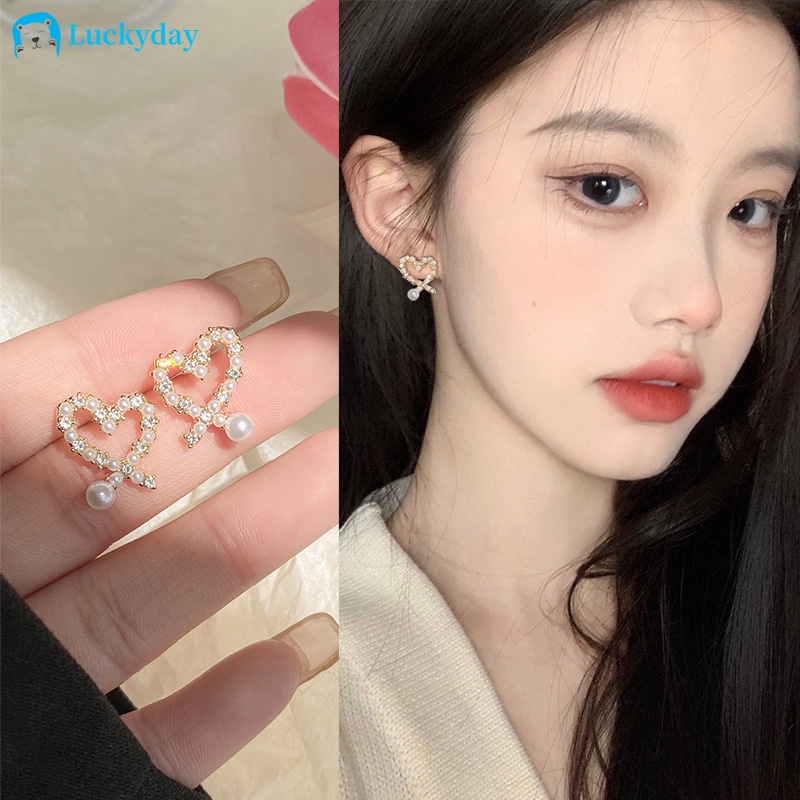 YEEZII Anting Stud Bentuk Hati Aksen Mutiara Untuk Wanita