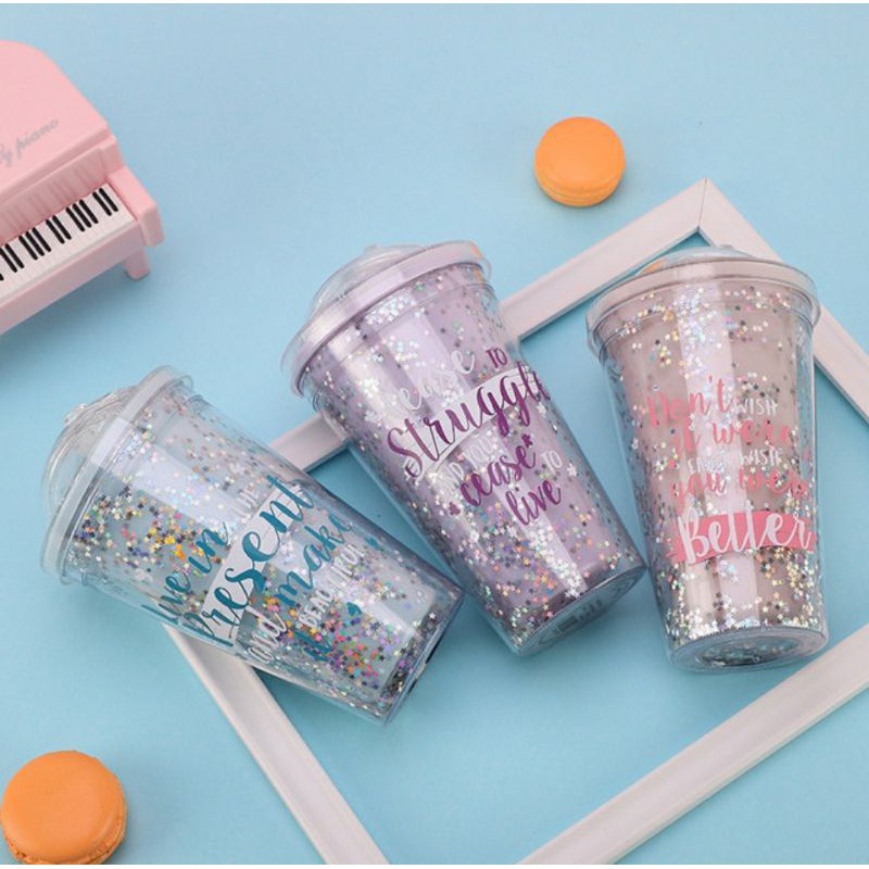 Barnik88 Botol Minum Unik Full Glitter Tumbler Cups Blink Gelas Minum Air Sedotan 450ml Botol Minum