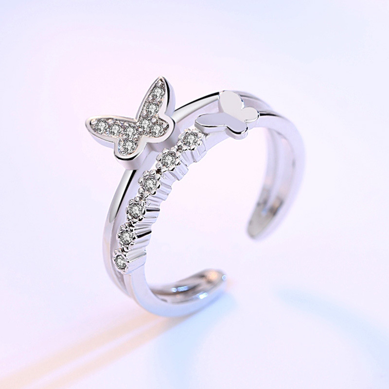 Cincin Perak 925 Asli Cincin untuk Wanita Cincin Dapat Disesuaikan Double Butterfly Fashion Perhiasan Cincin Perak Cincin Wanita