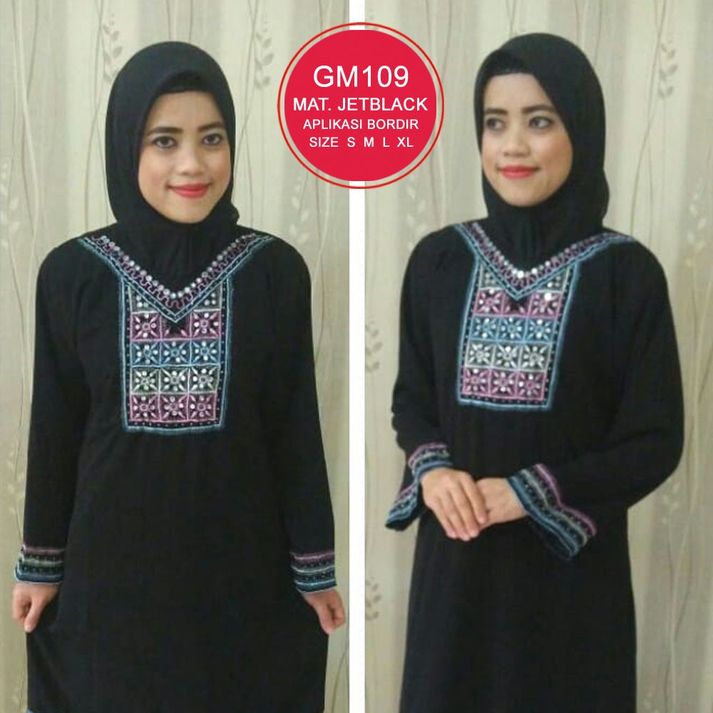 GM109 Abaya Garis Warna Jetblack Bordir Aplikasi Bordir