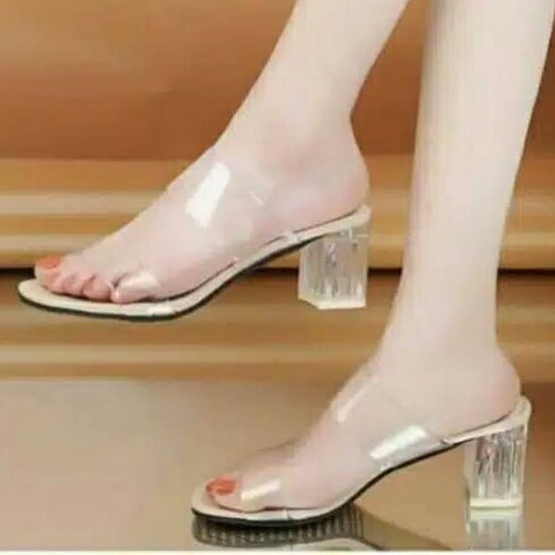 Sandal Wanita Hak  Kaca Mika TRANSFARAN Ban Dua Sandal Hak Kaca Wanita