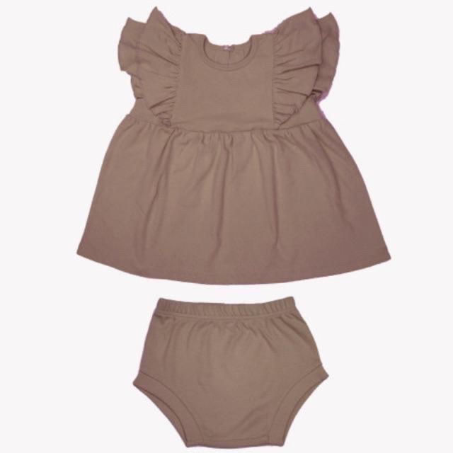 Cotton Cub Ruffle Dress + Bloomer Set - Baju Anak Bayi Terusan dengan Dalaman Celana Pendek Cewek-Brown
